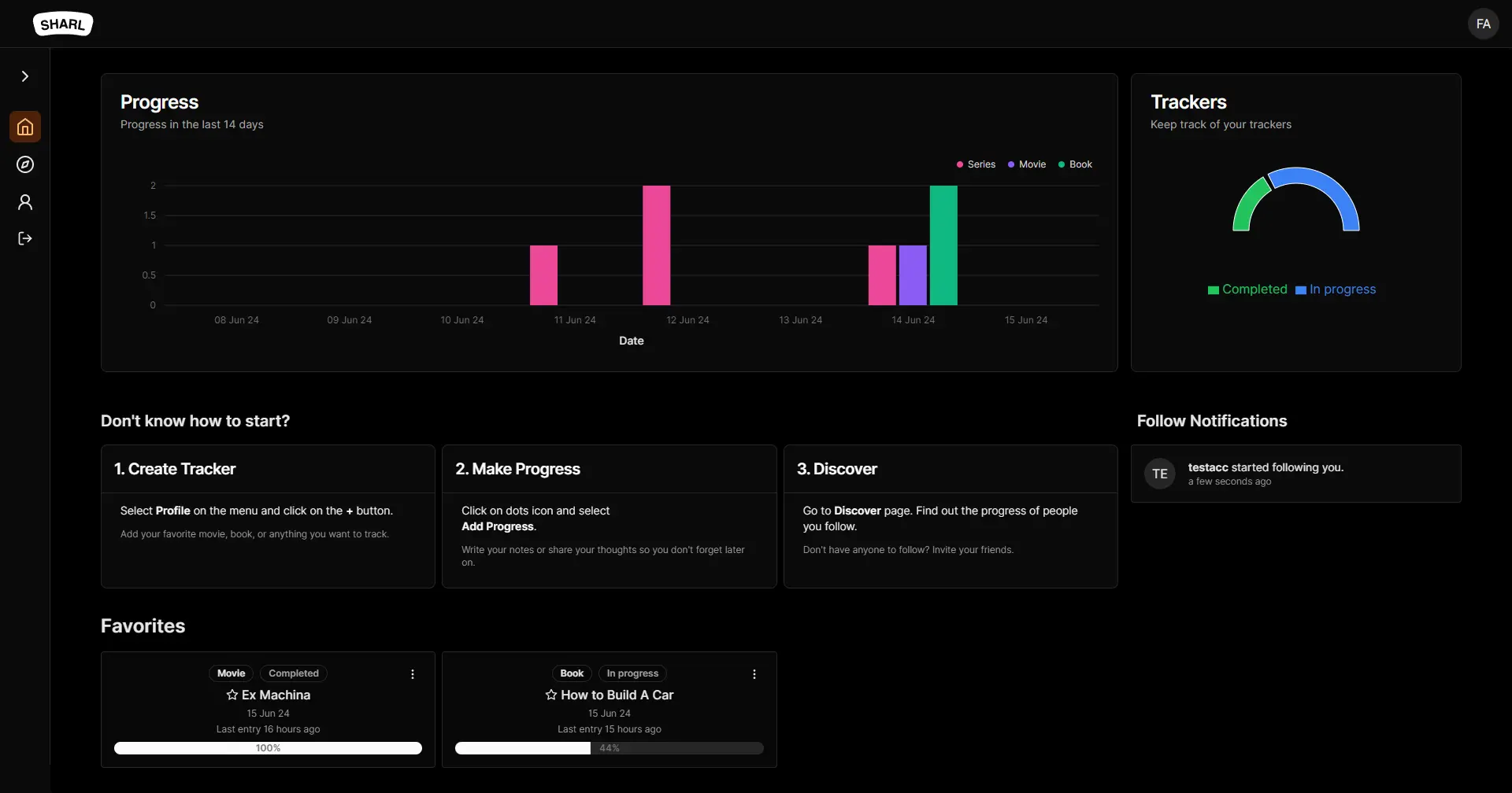 Sharl dashboard showing book and movie collections