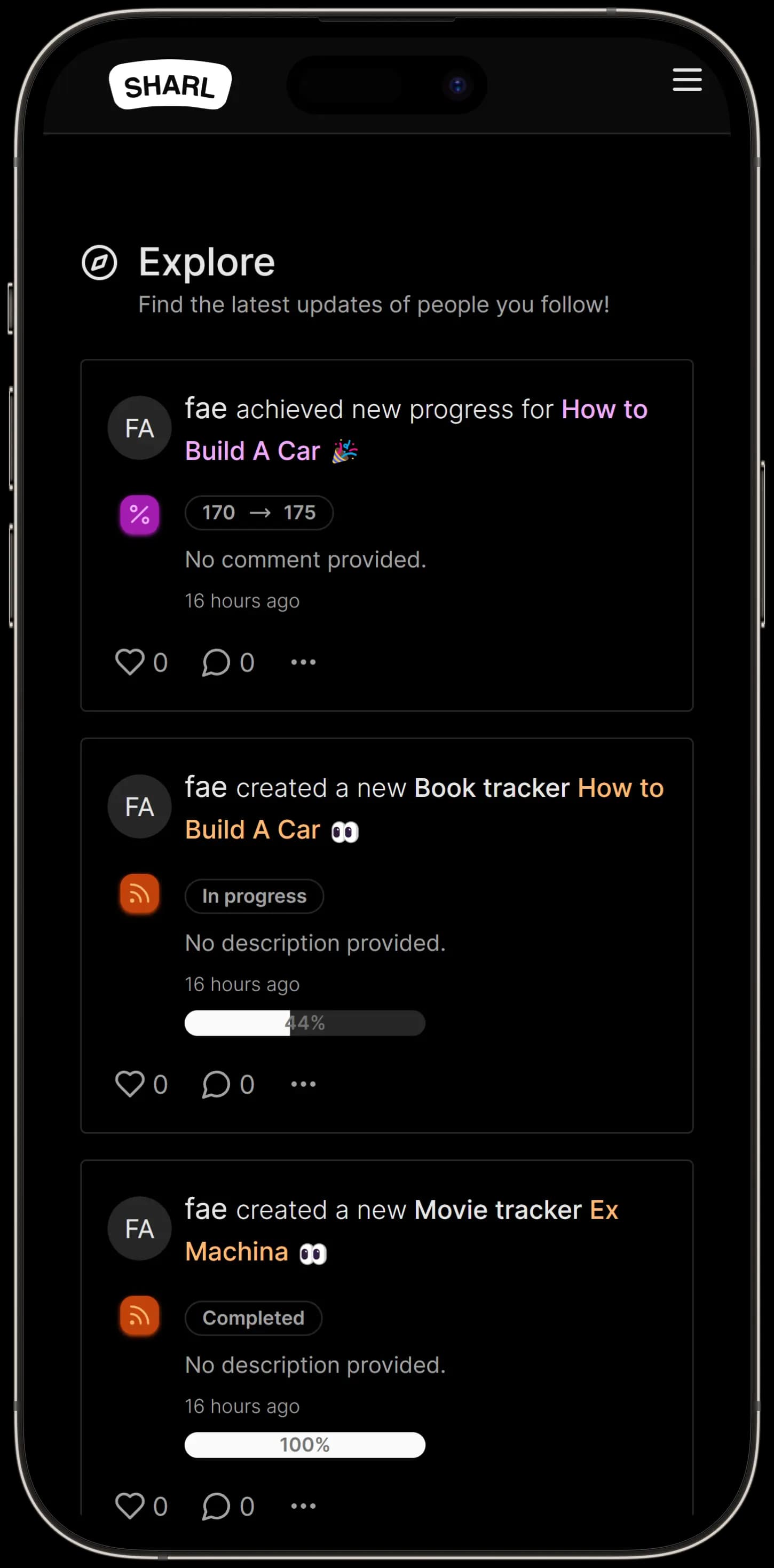 Sharl app social feed showing user reviews of books and shows